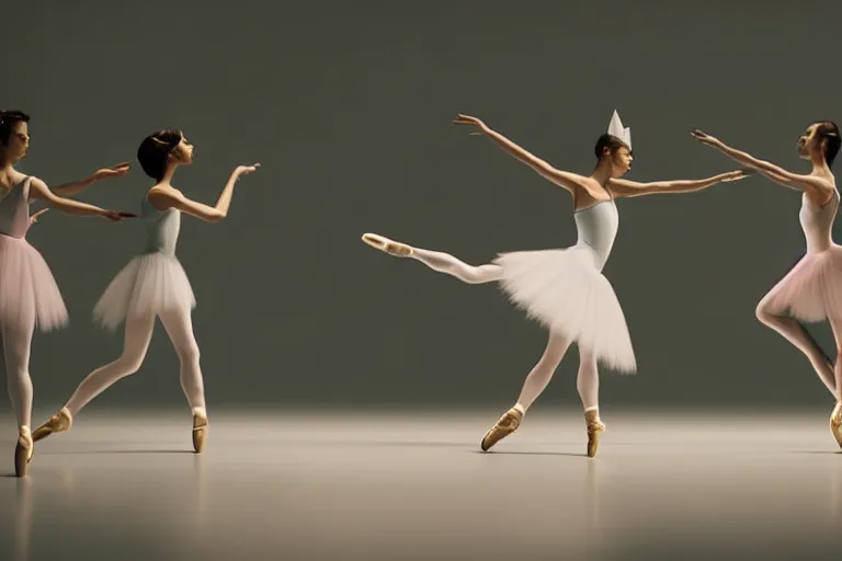 Image similar to vfx film closeup, futuristic ballerinas stand - off, flat color profile low - key lighting award winning photography arri alexa cinematography, hyper real photorealistic cinematic, atmospheric cool colorgrade