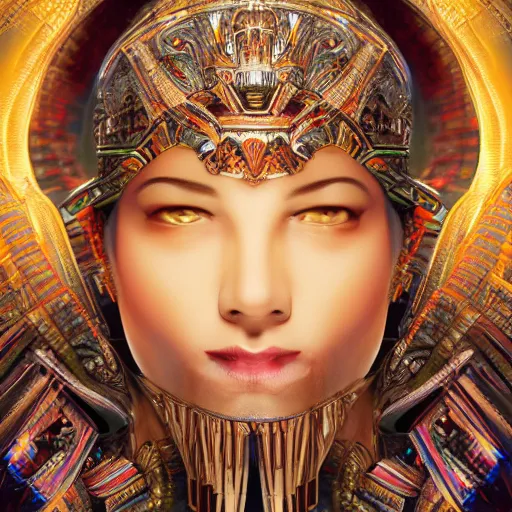 Image similar to HDR portrait photography of The Benevolent Cyborg Queen vertically mirrored above The Evil Cyborg King, ethnic, fantasy, intricate, elegant, highly detailed, African, Egyptian, Aztec, Mayan, digital painting, artstation, HDR photo, smooth, sharp focus, illustration, art by artgerm and greg rutkowski and alphonse mucha