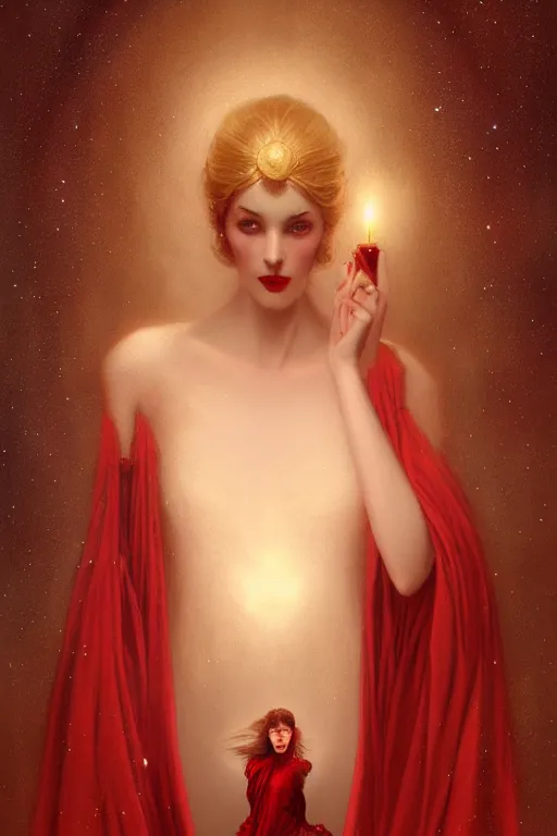 Prompt: Nocturne, glowing, stars, a long-legged elegant evil woman, highly detailed, mysterious, ethereal, dressed in red velvet, haute couture, illustration, dramatic lighting, soft details, painting, by Edmund Blair Leighton, Brom, Charlie Bowater, trending on artstation, faces by Tom Bagshaw, otto schmidt