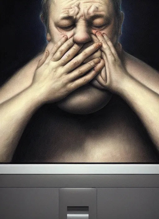 Image similar to insanely detailed chiaroscuro image of a exhausted - looking slightly fat casually - dressed programmer guy on his knees facing his glowing ultrawide computer monitor monitor begging it for forgiveness, oil on canvas, masterwork, fine detail, trending on artstation, emotive, insanely compelling, ryden, koons, moebius