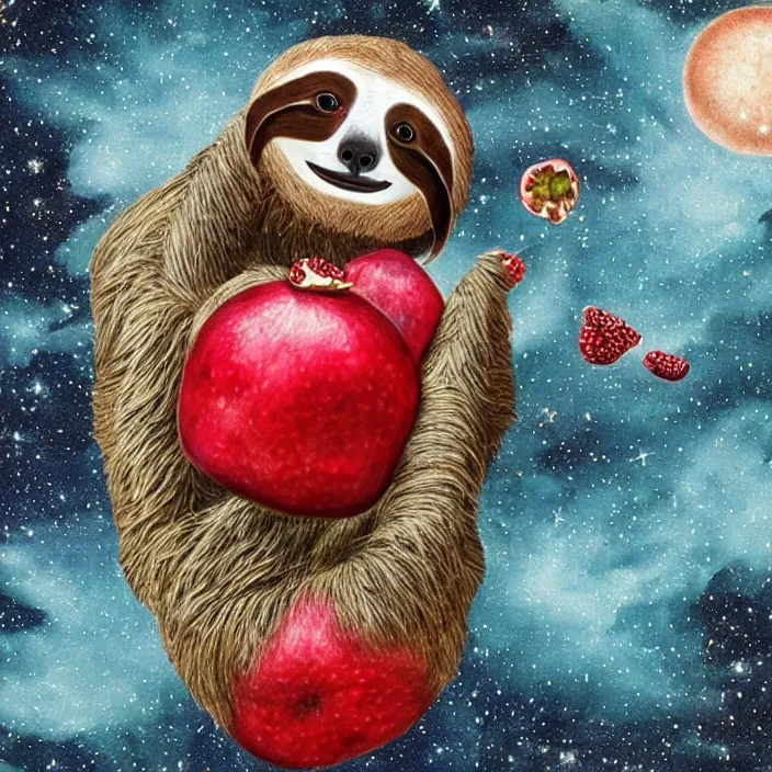 Image similar to sloth enjoying a pomegranate floating though space, starry background, surreal, dark, in the style of mark ryden