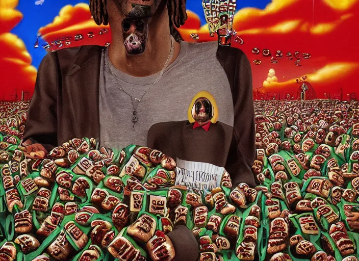 Image similar to snoop dogg inside made of hot dog, lowbrow, matte painting, 3 - d highly detailed, in the style of mark ryden,