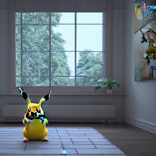 Prompt: Pikachu taking a bong rip while sitting on the couch, unreal engine 5, octane render, cgsociety, living room interior, soft lighting, ray tracing