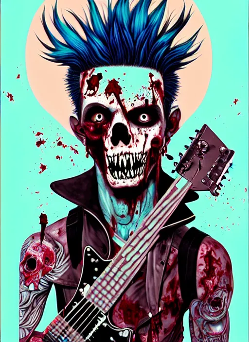 Prompt: a zombie punk rocker with a mohawk playing electric guitar, matty vogel, tristan eaton, victo ngai, artgerm, rhads, ross draws