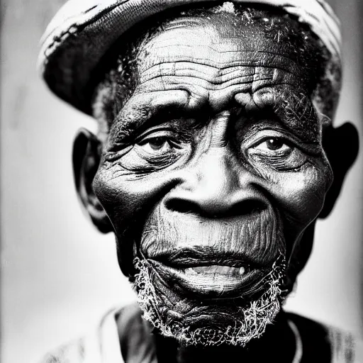 Image similar to black and white photo, portrait of 100 year old congo mineworker by richard avedon, realistic, Leica, medium format, cinematic lighting, parallax, high resolution,