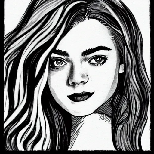 Prompt: professional painting of Elle Fanning in the style of Will Eisner, head and shoulders portrait, symmetrical facial features, smooth, sharp focus, illustration, intricate, stormy weather, extremely detailed masterpiece,