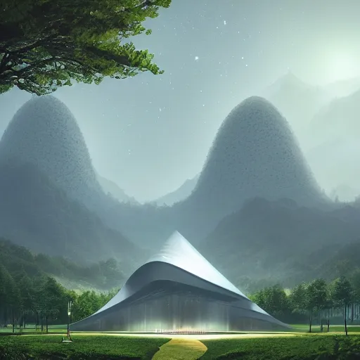 Image similar to futuristic temple between green hills with big trees, monks, shooting stars, dramatic lighting, artstation, matte painting, raphael lacoste, simon stalenhag, frank lloyd wright, zaha hadid