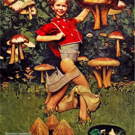 Prompt: Super heroine with the powers of mushrooms. A painting by Norman Rockwell.