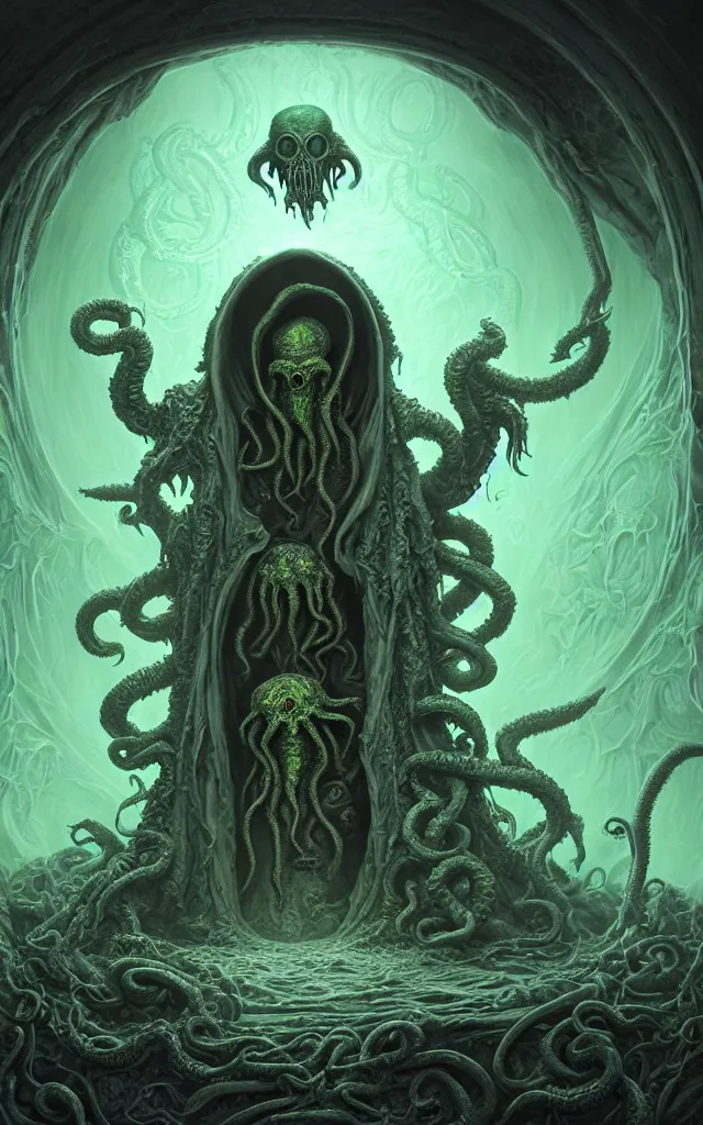 Image similar to hooded necromancer in front of a cthulhu within a viscosity fluid lovecraft portal, wide - angle portrait photography, intricate architecture, baroque detailed, unreal engine, octane render, micro detail, digital art by dan mumford and peter mohrbacher and wayne barlowe, intricate detail, subsurface scattering, ray tracing, vivid colors, octane render