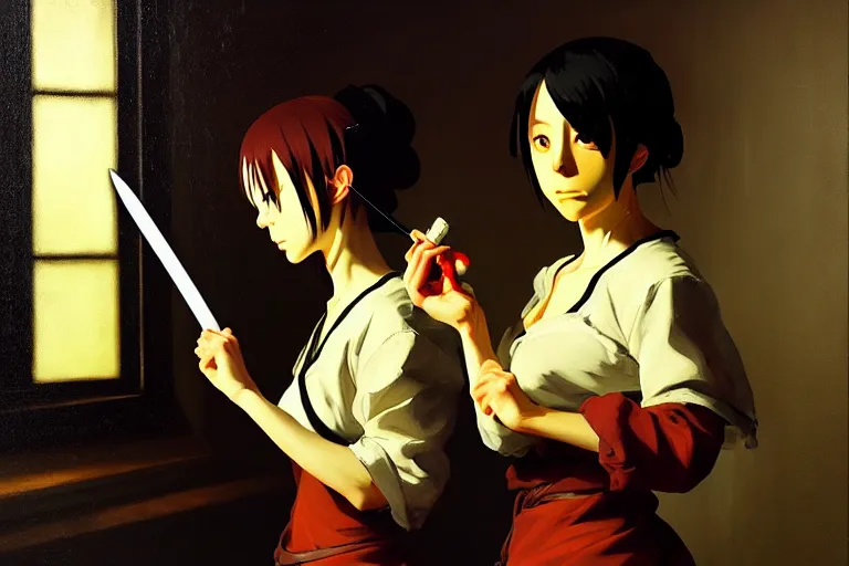 Prompt: baroque oil painting of anime key visual concept art of anime girl serial killer holding bloody kitchen knife, acrylic painting, trending on pixiv fanbox, palette knife and brush strokes, style of makoto shinkai jamie wyeth james gilleard edward hopper greg rutkowski studio ghibli genshin impact