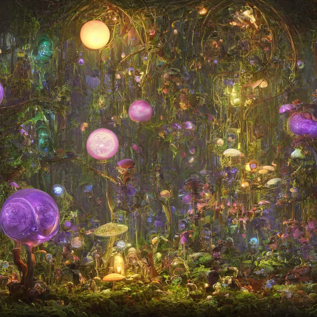 Prompt: victorian robots and bioluminous mushrooms growing in a spheroid forest, 3d render, nightlight Study, by Jan Davidsz de Heem and Lisa Frank, Art Nouveau, 8k, extreme detail, sharp focus, cinema 4d render