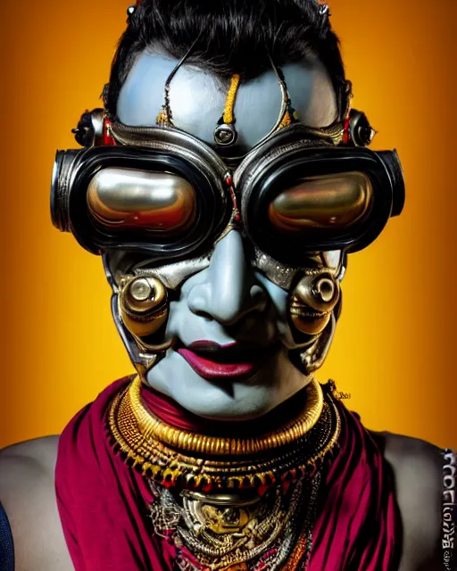 Image similar to photo of a Dramatic angry Kathakali male character with painted face wearing futuristic MadMax style steampunk goggles and accessories in the style of stefan kostic, realistic, sharp focus, symmetric, 8k high definition, insanely detailed, intricate, elegant, art by stanley lau and artgerm, Hajime Sorayama, William-Adolphe Bouguereau