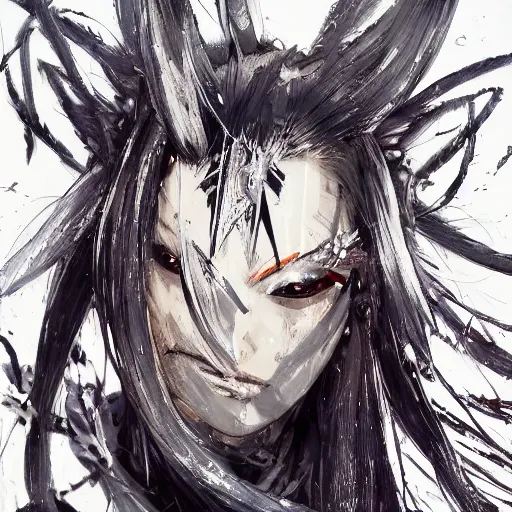 Prompt: Blurred oil portrait with broad brush strokes of an anime girl with a long white hair, black eyes and cracks on her face wearing Elden Ring armour with engraving in the style of Yoji Shinkawa, abstract patterns on the background, expressive brush strokes, hairs fluttering on the wing, noisy film grain effect, highly detailed, Renaissance oil painting, weird portrait angle, blurred lost edges, three quarter view