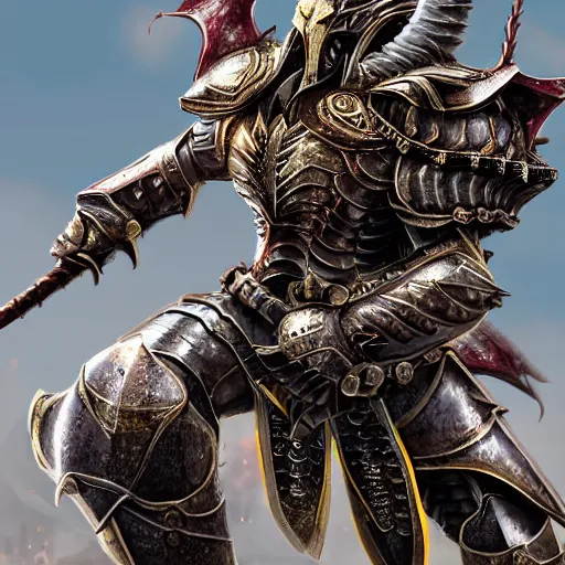 Image similar to warrior with metal dragon armour, highly detailed, 4k, HDR, smooth, sharp focus, hyper realistic, high resolution