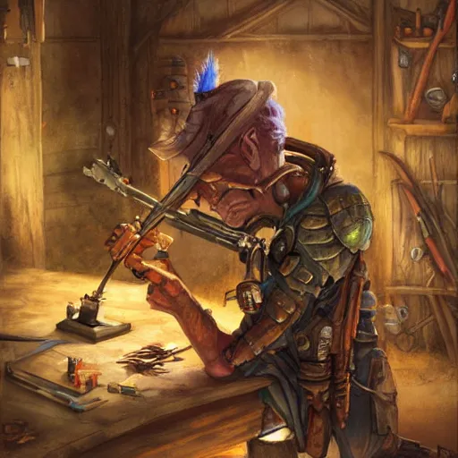 Image similar to goblin artificer tinkerer working on a makeshift rifle on a dusty workbench, cover of a Dungeons and Dragons book, art by Raymond Swanland