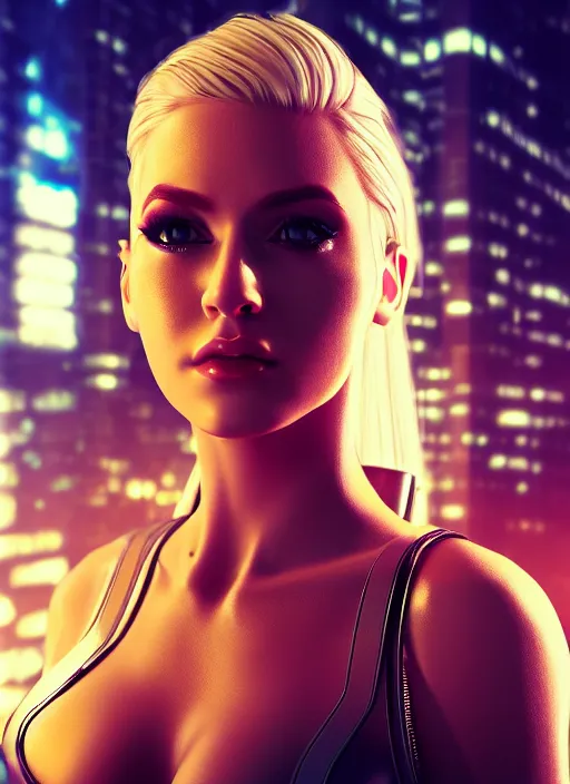 Prompt: photo of a gorgeous blonde female in cyberpunk city, realistic, sharp focus, 8 k high definition, insanely detailed, intricate, elegant,, greg kutkowski, high contrast dramatic lighting