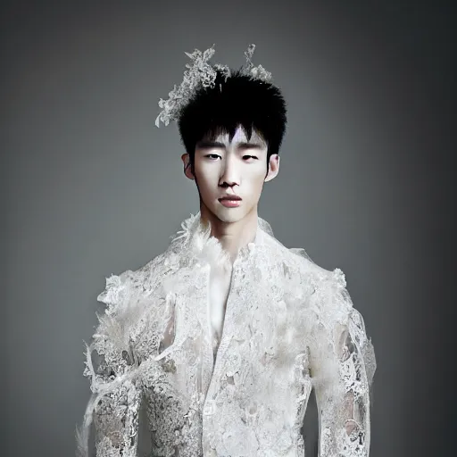 Image similar to a realistic detailed portrait of beautiful young korean male wearing a translucid lace wedding gown designed by alexander mcqueen, photographed by andrew thomas huang for a fashion editorial