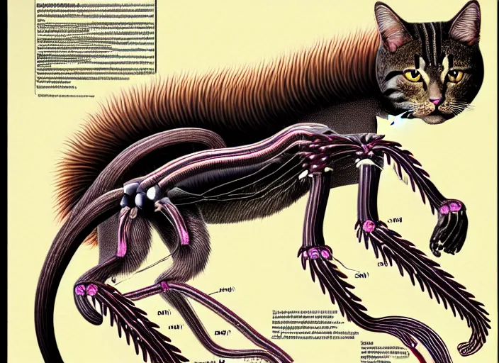 Image similar to scientific illustration of giant cat monster with electric organs and stinger tail, detailed anatomy, extensive physiology