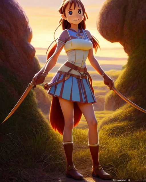 Image similar to weta disney pixar movie still pinup photo of asuna from sao : : as sunburnt cowgirl village girl by pixar : : by weta, greg rutkowski, wlop, ilya kuvshinov, rossdraws, artgerm, marvel, maxim cover, latex, octane render, sweaty, iridescent, bright morning, anime, liosh, mucha : :