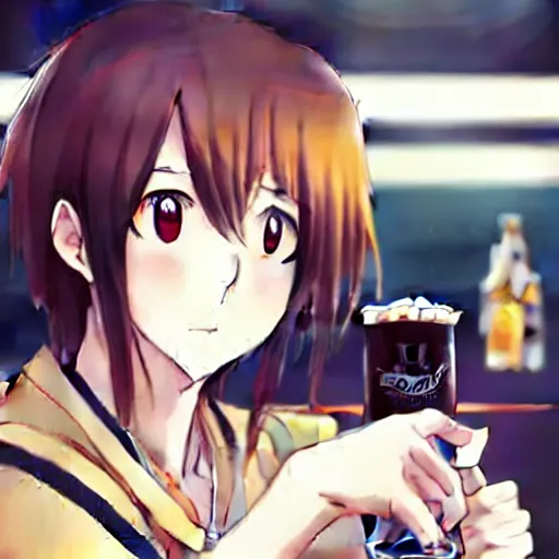 Prompt: Wholesome and masculine looking anime girl at a bar drinking a beer, warm glow from the lights, angle that looks up at her from below, deviantart, pixiv, detailed face, smug appearance, beautiful anime, detailed anime eyes with pupils, in the style of 90s anime, heavy focus on 90s and early 2000s style of anime, Sailor Moon style