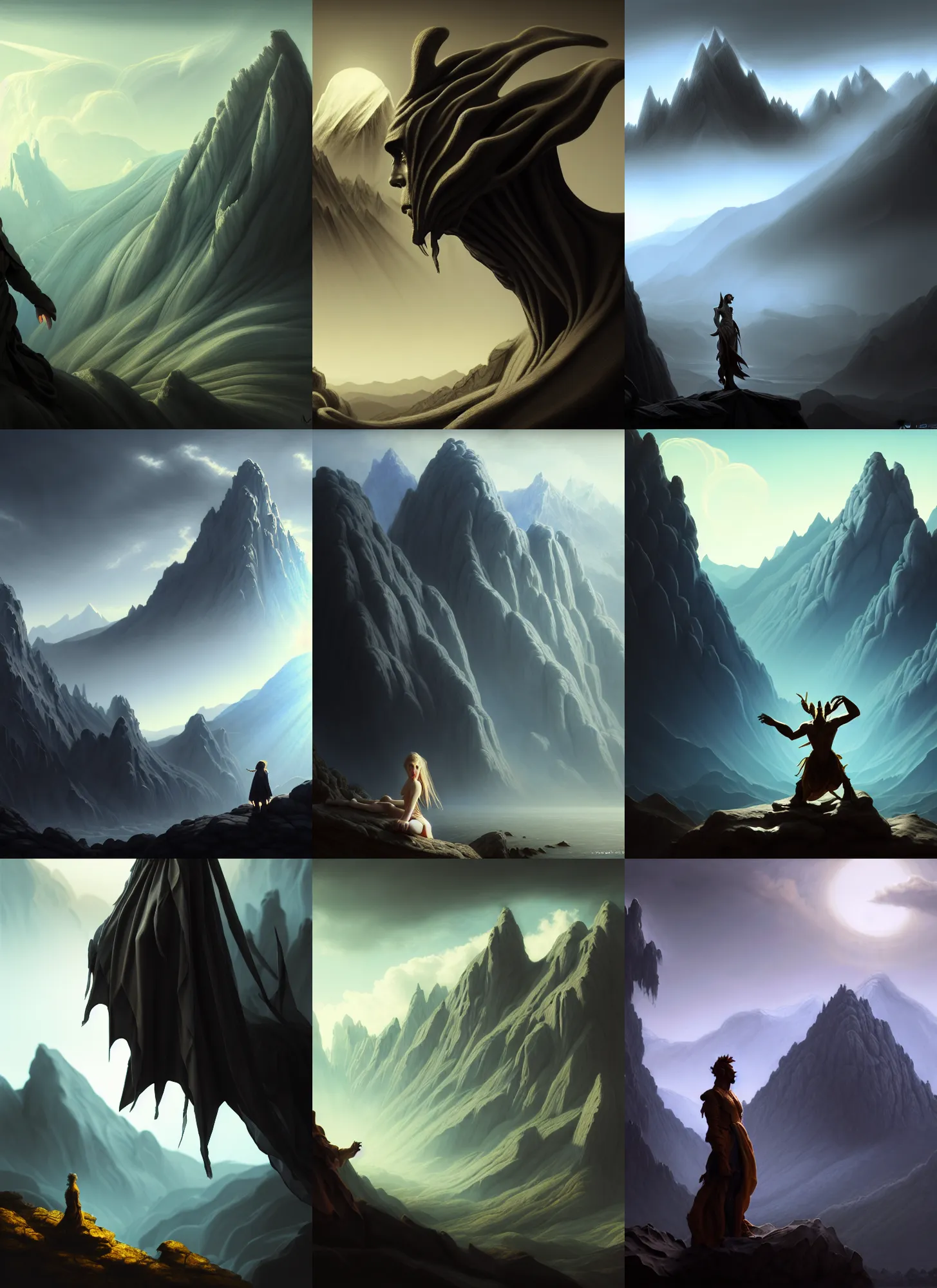 Prompt: 18mm lens, costume design made by complexity, sophisticated composition, old masters light composition, procedurally generated, drama creature character posing for concept art, dramatic mountains behind, substance designer, PBR, HD, Ultra detailed, hyperrealistic, megascans, volumetric light, concept by master artist, made in paint tool SAI2, trending pixiv aesthetic face