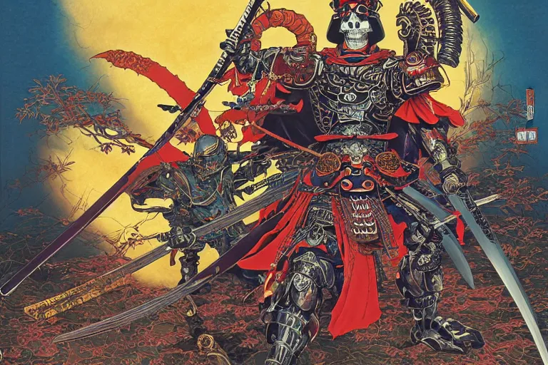 Image similar to poster of crazy skeletor samurai with japanese armor and helmet, by yoichi hatakenaka, masamune shirow, josan gonzales and dan mumford, ayami kojima, takato yamamoto, barclay shaw, karol bak, yukito kishiro