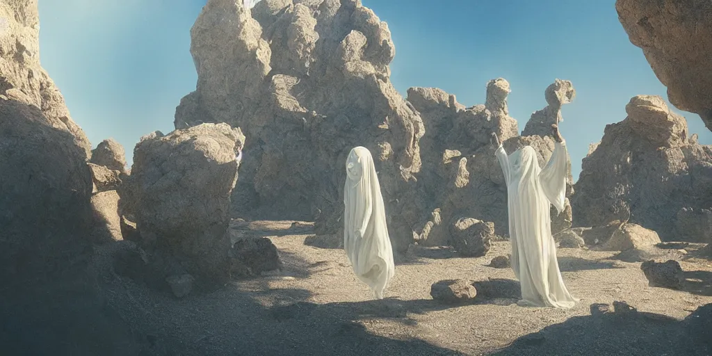 Image similar to levitating ghost veiled silhouette with full - face golden bright reflective mask in a dry rocky desert landscape, visible sky and sunny atmosphere, floating rocks, flying rocks and fata morgana and giant mirrors by alejandro jodorowsky, anamorphic lens, kodakchrome, practical effects, masterpiece, 8 k