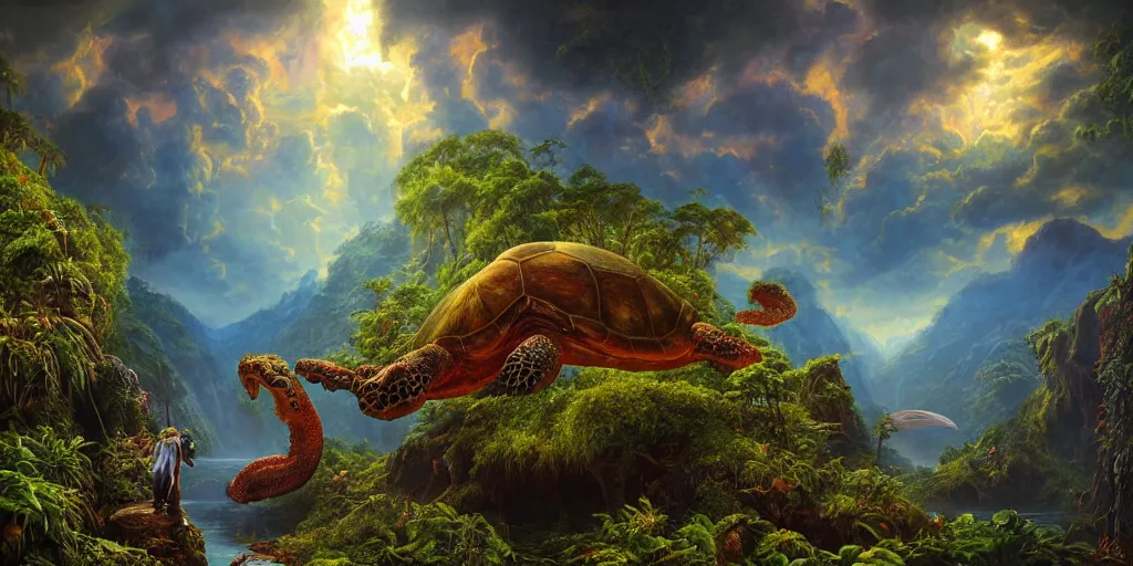 Image similar to fantasy oil painting, great leviathan, turtle cephalopod terrapin reptilian pachyderm amphibian hybrid, epic natural light, lush plants flowers, rainforest mountains, bright clouds, luminous sky, outer worlds, cinematic lighting, michael whelan, michael cheval, vray, 8 k hd