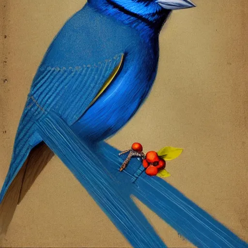 Prompt: an indigo bunting bird wearing a crown and bowtie, he's emperor of the world by greg rutkowski, rossdraws, gil elvgren, enoch bolles, anime, very coherent