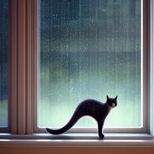 Prompt: back of cute cat sitting in front of a window looking out at a rainy city, cozy indoor lighting, bokeh city lights, 8 k, pixar, octane render