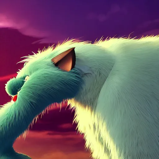 Image similar to guy with a furr creature, climatic atmosphere made by studio ghibli, smooth, detailed face,, beautiful scene, 8k, clear