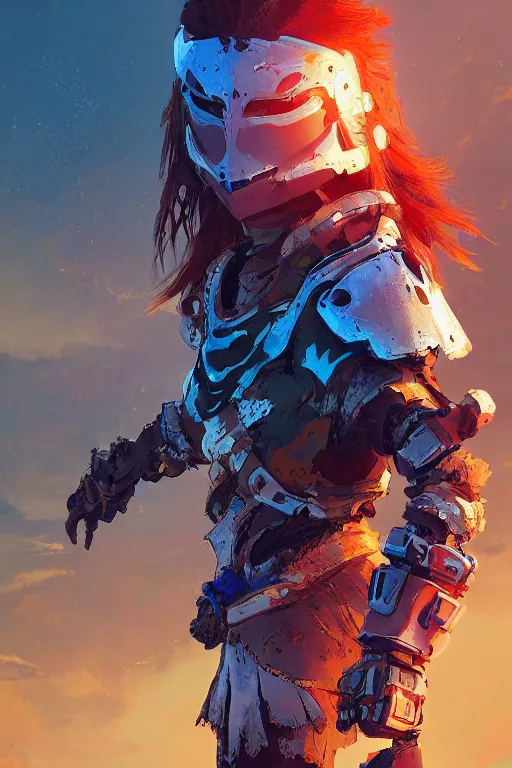 Image similar to combination suit armor aloy horizon forbidden west horizon zero dawn radiating a glowing aura global illumination ray tracing hdr fanart arstation by ian pesty and alena aenami artworks in 4 k tribal robot ninja mask helmet backpack