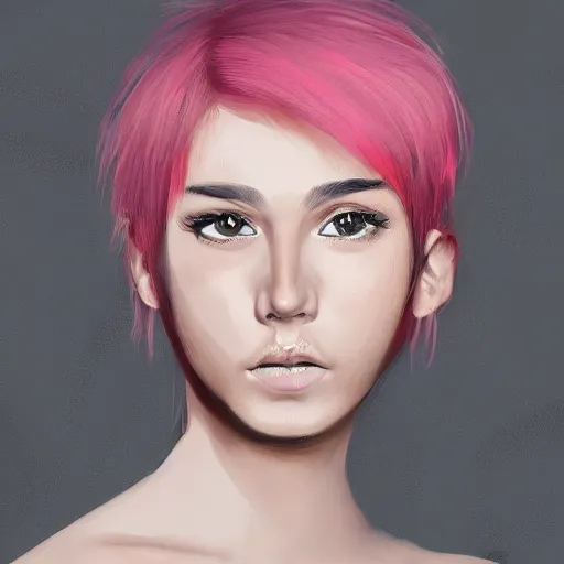 Prompt: portrait of a young woman with short pink spiky hair and dark eyes, 8 k, digital paint