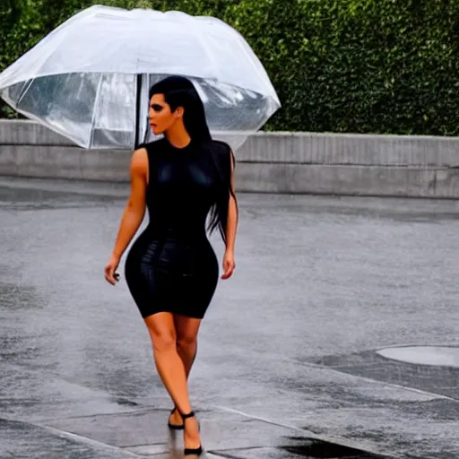 Prompt: kim kardashian leaning against a wall caught in the rain, soaked hair, wet body, wet white dress, 4k HD, trending on tiktok, clear lens,