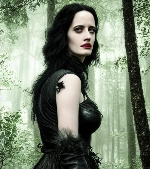 Image similar to 5 5 mm close up portrait photo of eva green as yennefer of vengerberg in black leather armor and long black fluff hair, in a forest. magical atmosphere. art by greg rutkowski. lifelike. very detailed 8 k. intricate. soft light. nikon d 8 5 0.