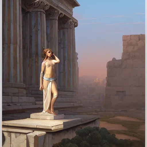 Prompt: tiny full-body young ancient greek woman in helmet, giant gray-haired bearded ancient greek man in background, by David Ligare, incredible details, epic stunning, highly detailed, trending on ArtStation, artgerm and greg rutkowski and alphonse mucha, IAMAG, broken giant marble ruins, golden hour