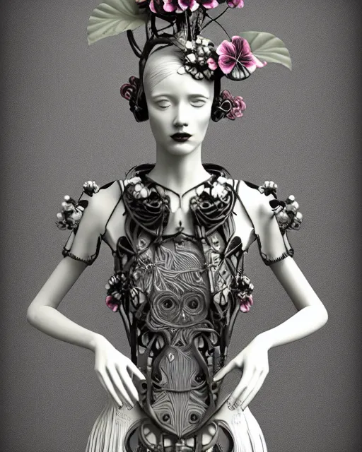 Image similar to monochrome 3 d model, 1 9 3 0 picture, floral steampunk biomechanical beautiful young female cyborg with porcelain profile face and a techno eye, volumetric light, leaves foliage and stems, hibiscus flowers, boho vines, sinuous fine roots, fine foliage lace, alexander mcqueen, rim light, big gothic fashion pearl embroidered collar, octane render, 8 k