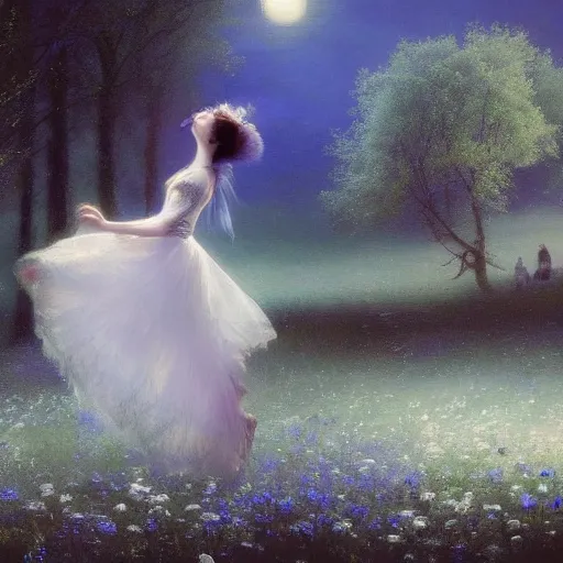 Prompt: the moonlit dance of the fae, dancers in white dancing across a flower meadow the moonlit dance by elena vizerskaya and ivan aivazovsky, perfectly detailed, artstation, sharp focus, highly detailed, studio photography, impresion de giclee arte abstracto, award winning