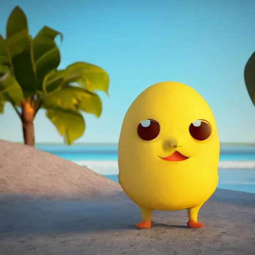 Image similar to a supercute cartoonnetwork lemon character, that is cute and good looking, it's is relaxing on a beach, by dalle - 2, octane render, 3 d, volumetric lightening,