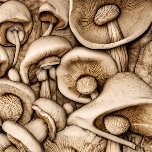 Image similar to woodcarving of multiple mushroom texture, photorealism, octane render, 8k