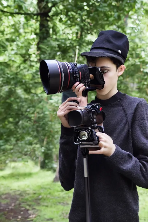 Prompt: slim teenage boy, dark curly hair, wearing a black beret hat, dark shirt black trousers, brown satchel, outside in a park, using a super 8mm camera to film a bear which is beside him