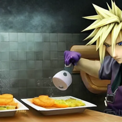 Prompt: cloud strife washing dishes at mcdonald's fast food restaurant in the style of yoshitaka amano