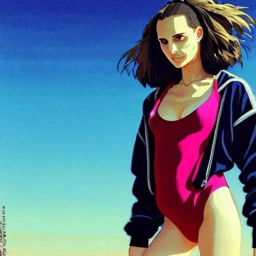 Prompt: a beautiful natalie portman alluring gravure! plus sized model, wearing oversized mayan bomber jacket and leotard with overalls, bulky poofy bomber jacket with mayan patterns, aztec street fashion, gapmoe yandere grimdark, trending on pixiv fanbox, painted by greg rutkowski makoto shinkai takashi takeuchi studio ghibli, akihiko yoshida