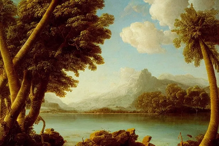 Image similar to beautiful landscape with winter and lake and coconut trees, mythology, fantasy, landscape background, vivid colors, digital painting, very detailed, realistic, high quality, by claude lorrain