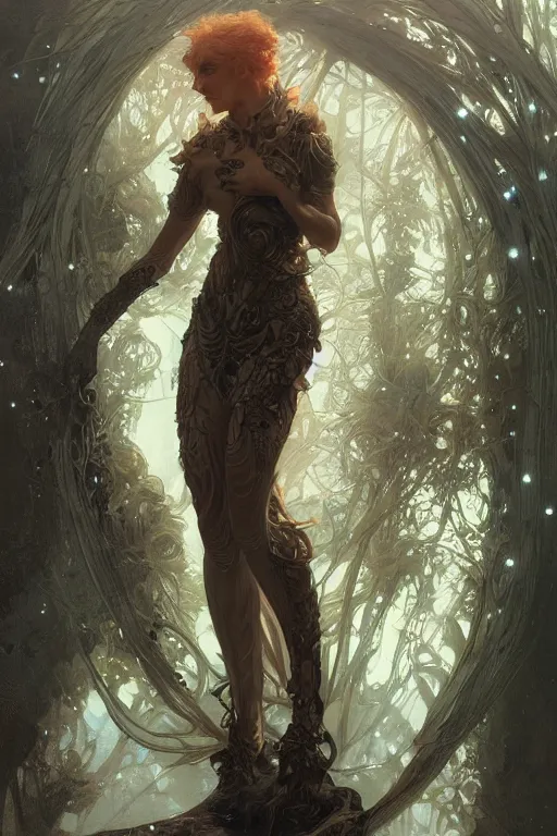 Image similar to A full portrait of a scifi nordic dryad, intricate, elegant, highly detailed, digital painting, artstation, concept art, smooth, sharp focus, illustration, art by Krenz Cushart and Artem Demura and alphonse mucha