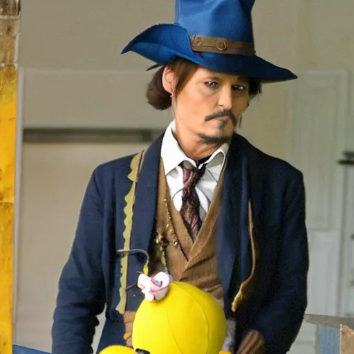 Image similar to johnny depp playing the guy with the yellow hat from curious george in real life