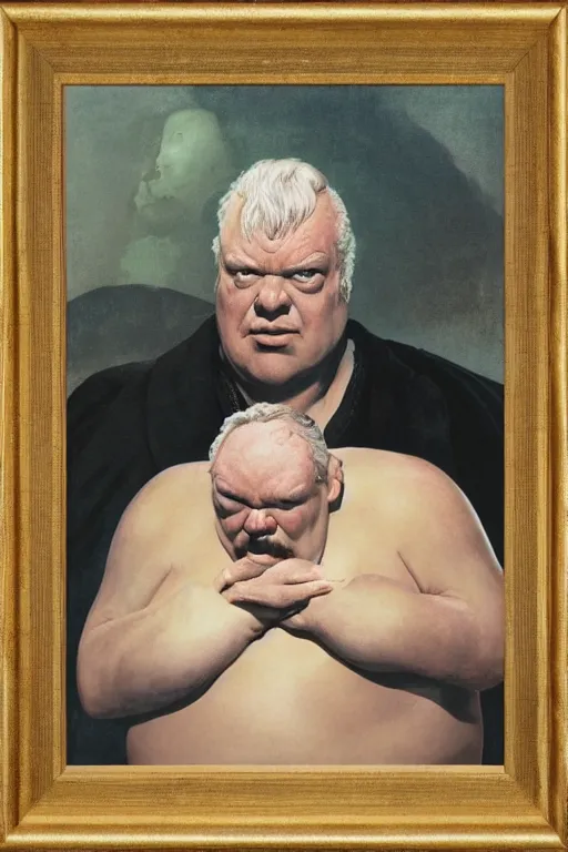 Image similar to upper body portrait of actor kenneth mcmillan as baron harkonnen in dune, colour painting by normal rockwell, guidi prime background by carl spitzweg