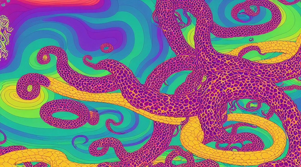 Image similar to a portrait of a giant tentacle monster with psychedelic arms on an acid trip in a multicoloured rainbow in the cosmos, flat design, screen print by Kawase Hasui and dan hillier, 8k unreal engine