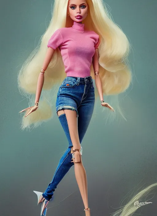 Image similar to lady gaga as a barbie doll detailed clothing jeans, half body shot, arms down, path traced, highly detailed, high quality, digital painting, alena aenami, lilia alvarado, shinji aramaki, karol bak, alphonse mucha, tom bagshaw