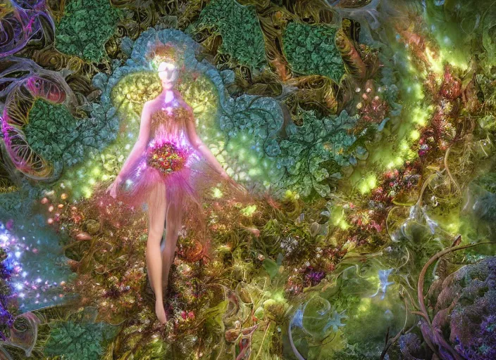 Image similar to glowing delicate flower and mushrooms that grow in a dark fatansy forest on the planet Pandora, an idealistic marble statue with fractal flowery hair in a fractal garden,